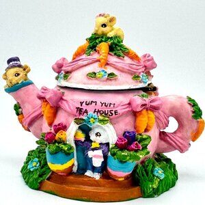 Yum Yum Teapot House Vtg Bunny Mice Easter Egg Figurine Trinket Handcrafted